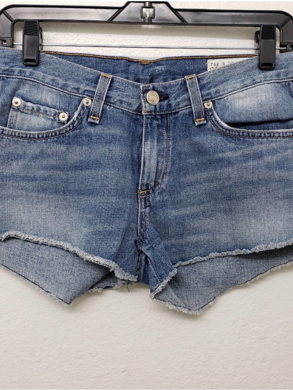 rag & bone Faded Blue Denim Frayed Hem Shorts